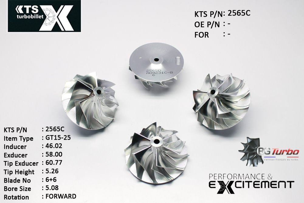 Turbo ROUE FORGÉE MFS PERFORMANCE - 6+6 PALES - INDUCER : 46,02 - EXDUCER : 58 - TYPE : GT15-25ANGLE : 60° - ROTATION : Forward - SUPER BACK : 1,895 - BORE SIZE : 5,08
